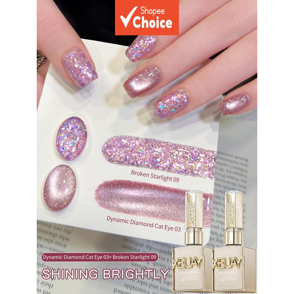 XEIJAYI 2 frascos de 15 ml, conjunto de gel para unhas com efeito olho de gato rosa e glitter rosa, semi permanente,