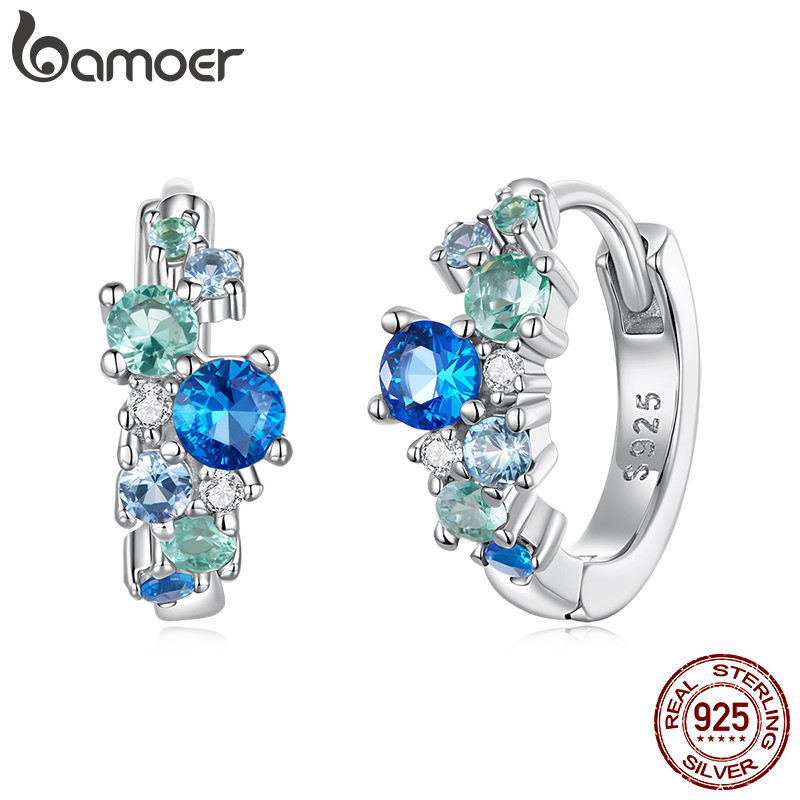 Brincos De Argola De Prata Esterlina 925 Bamoer Azul-Verde Joias Com Pedras Preciosas Presentes Para Mulheres