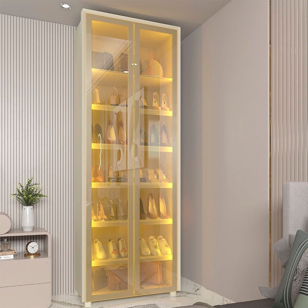 Sapateira com 2 Portas Reflecta com Pés e LED 100% MDF Magnífica Bege/Off White