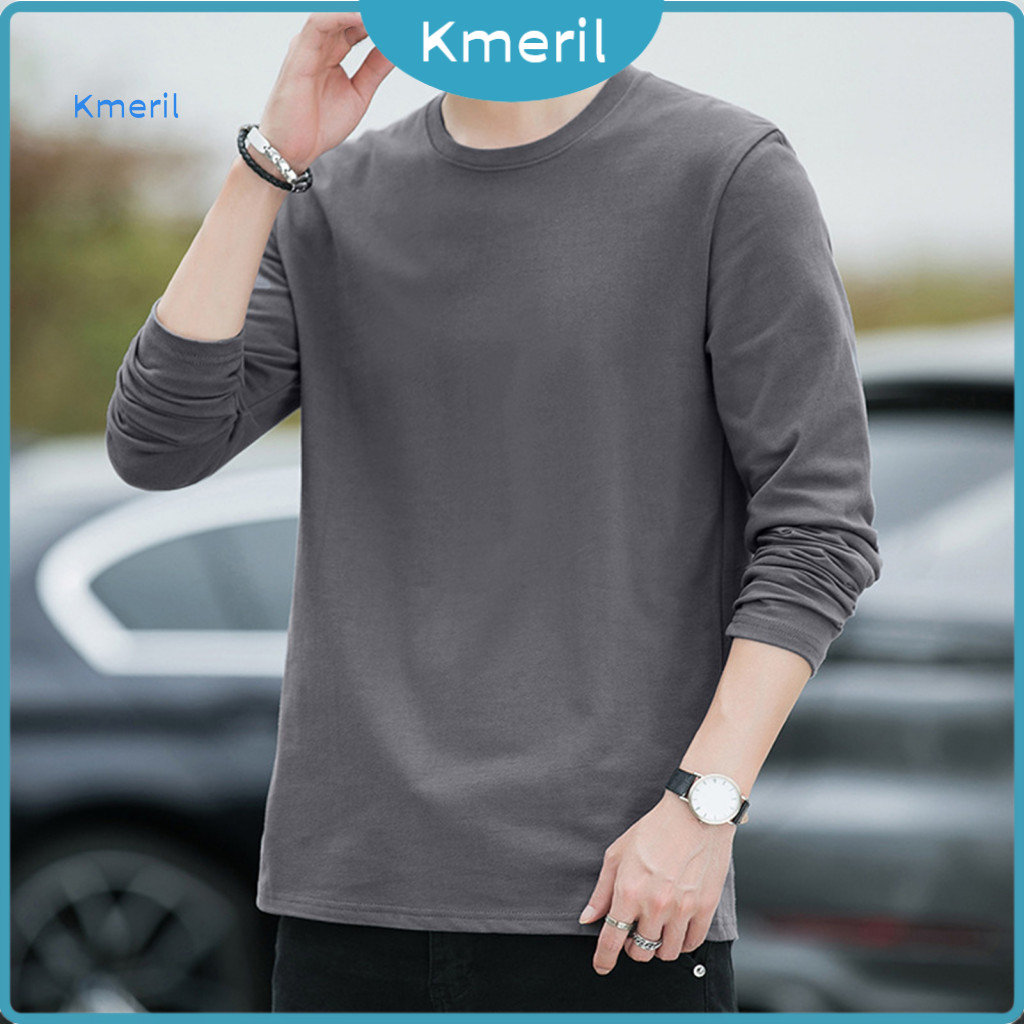 Solid Color Men Shirt Round Neck Tee Men's Long Sleeve Autumn Pullover Thin Casual Top Lightweight Regular Fit for Every