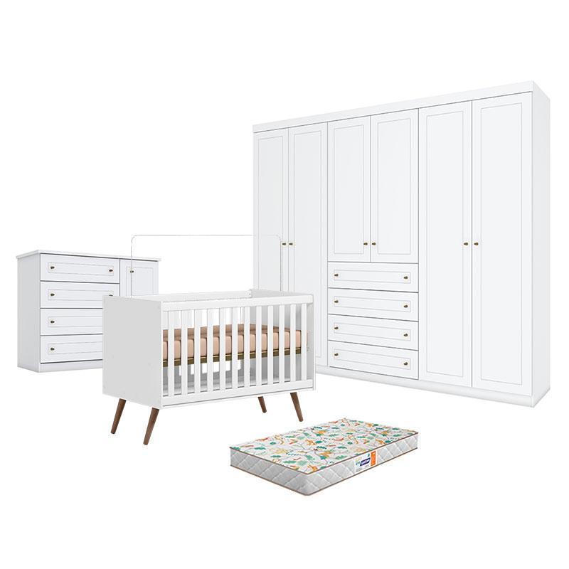 Quarto de Bebê 6 Portas com Berço Q Encanto 3820 Retrô Branco Acetinado - Qmovi - Henn e Colchão Gazin
