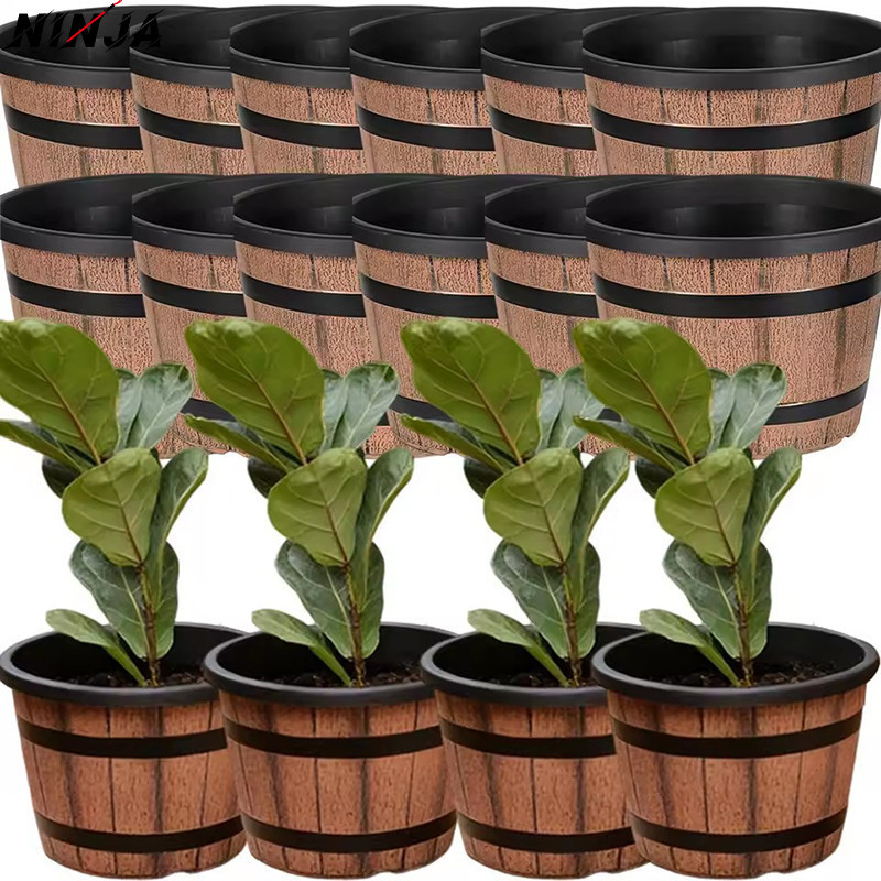 [Extreme] Vaso De Flores De Imitação De Barril De Madeira De 3-1 Unidade-Decoração De Quintal De Jardim-Vasos Vintage-En