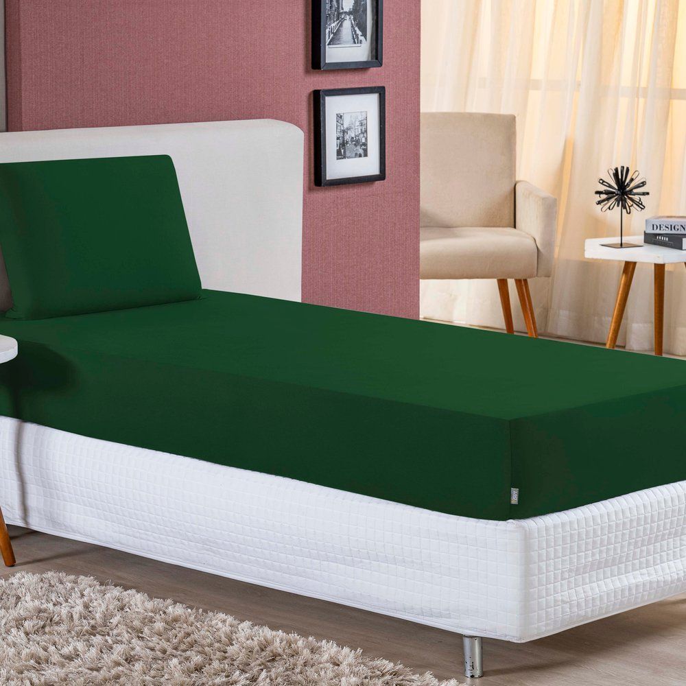 Jogo de Cama Solteiro Nobre 2 Peças Lençol com Elástico de 30cm de Altura Malha 100% Algodão - Verde-Bandeira