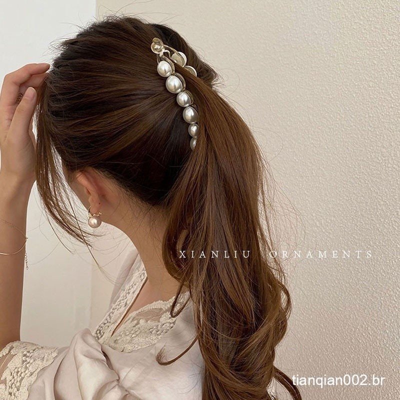 Capacete de uma palavra multifuncional estilo coreano Tricô vermelho moda gancho de cabelo pérola moda clipe de banana r