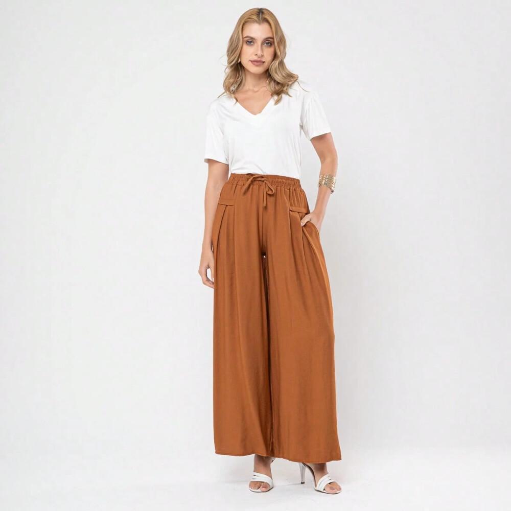 Caramelo Calça feminina em tecido de fibra de gelo, calça de cintura alta com bolsos,saia-calça folgada de perna larga