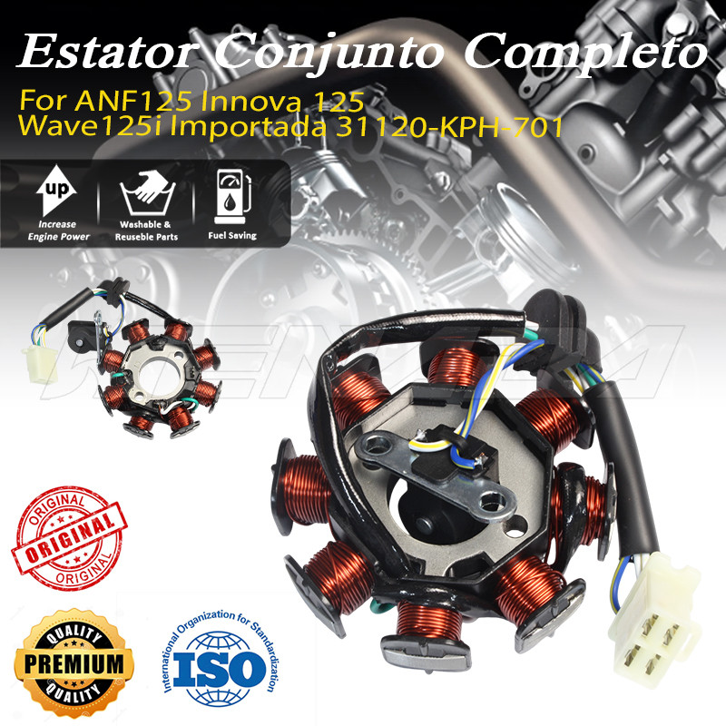Código 31120-KPH-701 Estator Magneto Compatível Honda ANF125 Innova Wave125i PGM Fi Importada 2005-2013 Encaixe Exato