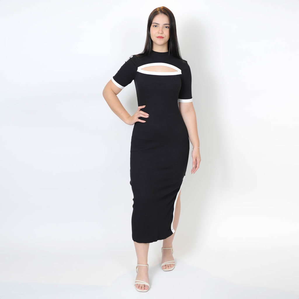 Vestido Colcci Canelado Midi Com Recorte Preto - Feminino