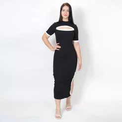 Vestido Colcci Canelado Midi Com Recorte Preto - Feminino