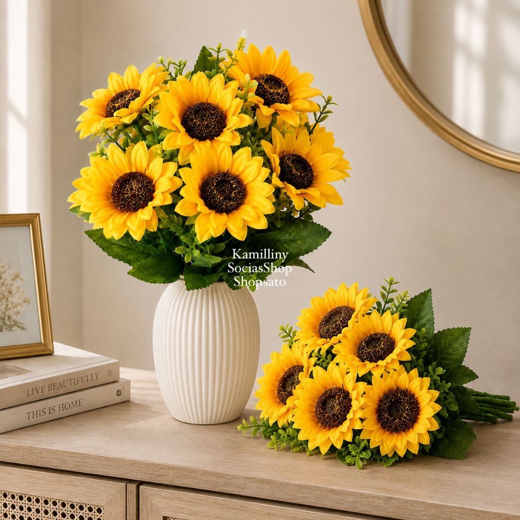 Kit 3 Buquês Girassol Artificial Para Arranjos 5 Flores
