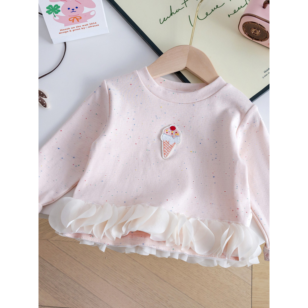 Outono menina estilo coreano influenciador moda camiseta 25 novo estilo crianças doce manga comprida bolinhas pétala bor