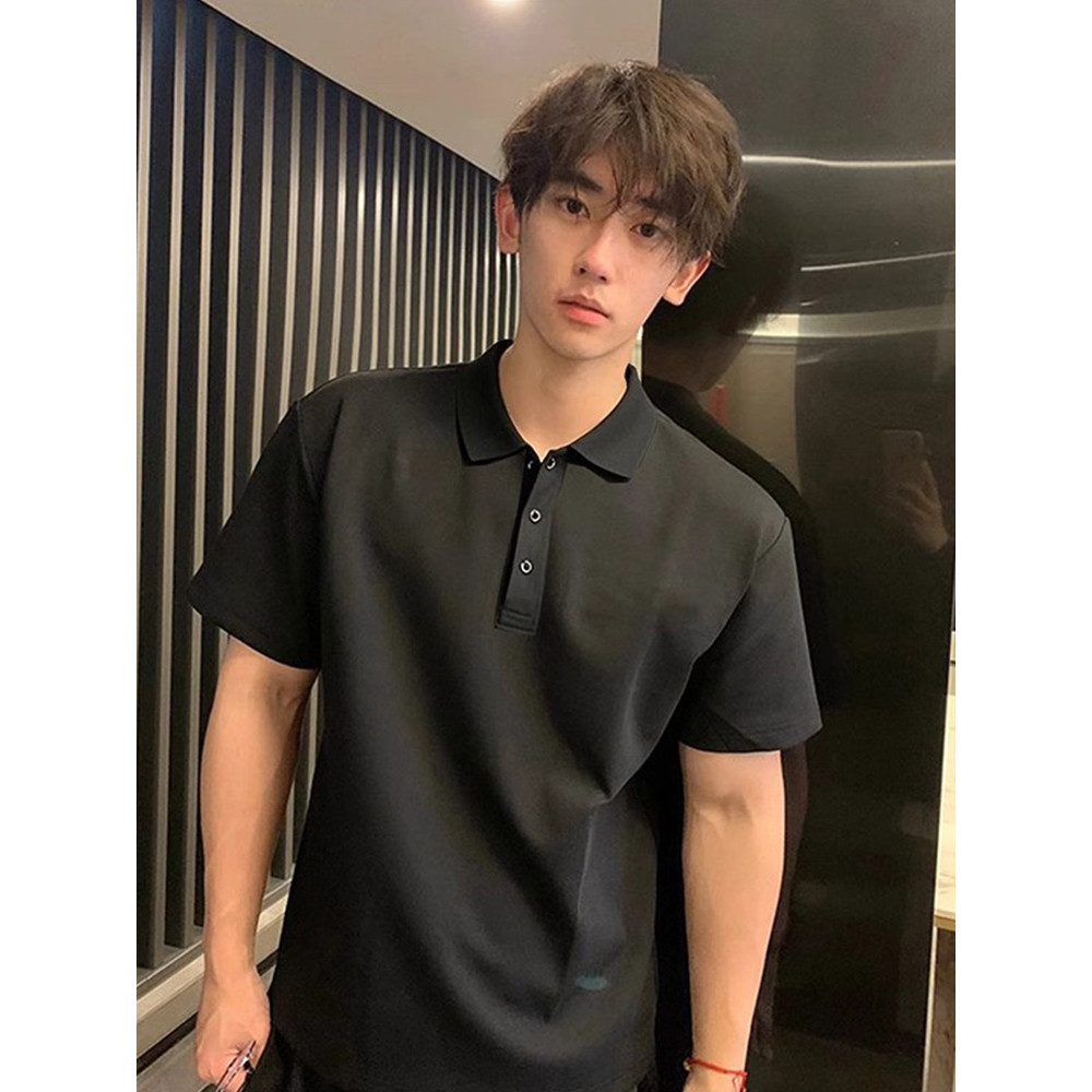 Cleanfit preto frente ombro frisado polo de manga curta masculino verão americano Street Wear bonito Commuter lapela cam