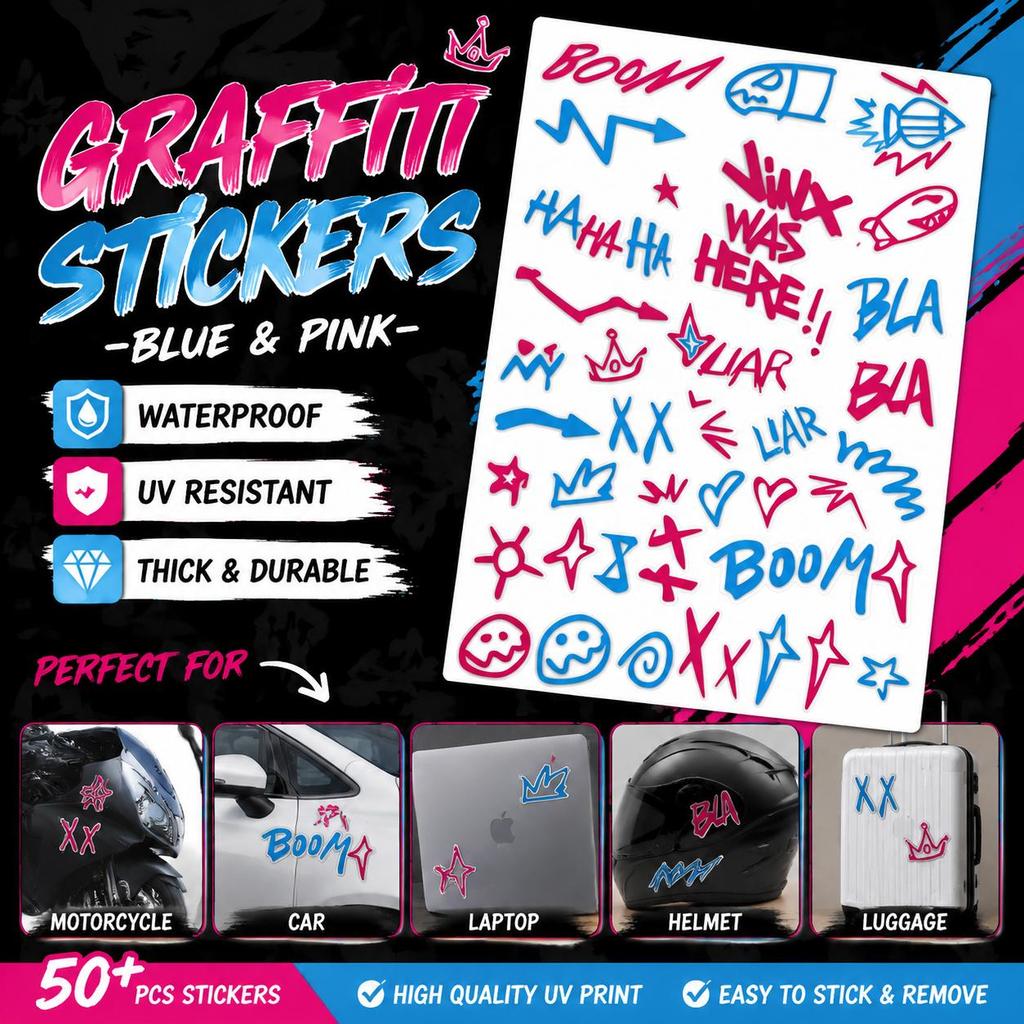 50 + Peças Adesivos Graffiti Estilo Jinx Azul E Rosa Decalques Temáticos LOL À Prova D'água Para Capacete De Motocicleta