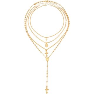 FUTIMELY Gold Layered Cross Necklace,Vintage Rosary Bead Virgin Mary Necklaces for Women,Stackable Long Cross Necklace C