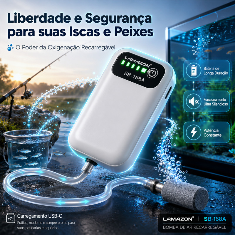 Oxigenador Aerador Recarregável Bivolt para Isca Viva Aquário Pesca Compressor de Ar SB-168A
