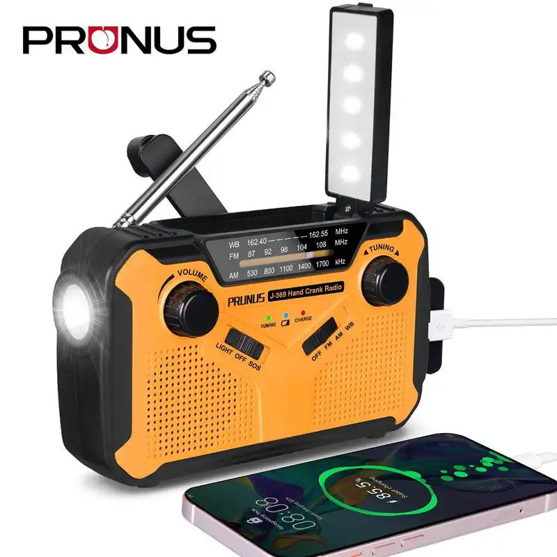Rádio Meteorológico NOAA De Emergência PRUNUS J-369 Com Banco De Potência De 11100mWh , Baterias AA , Solar , Manivela ,