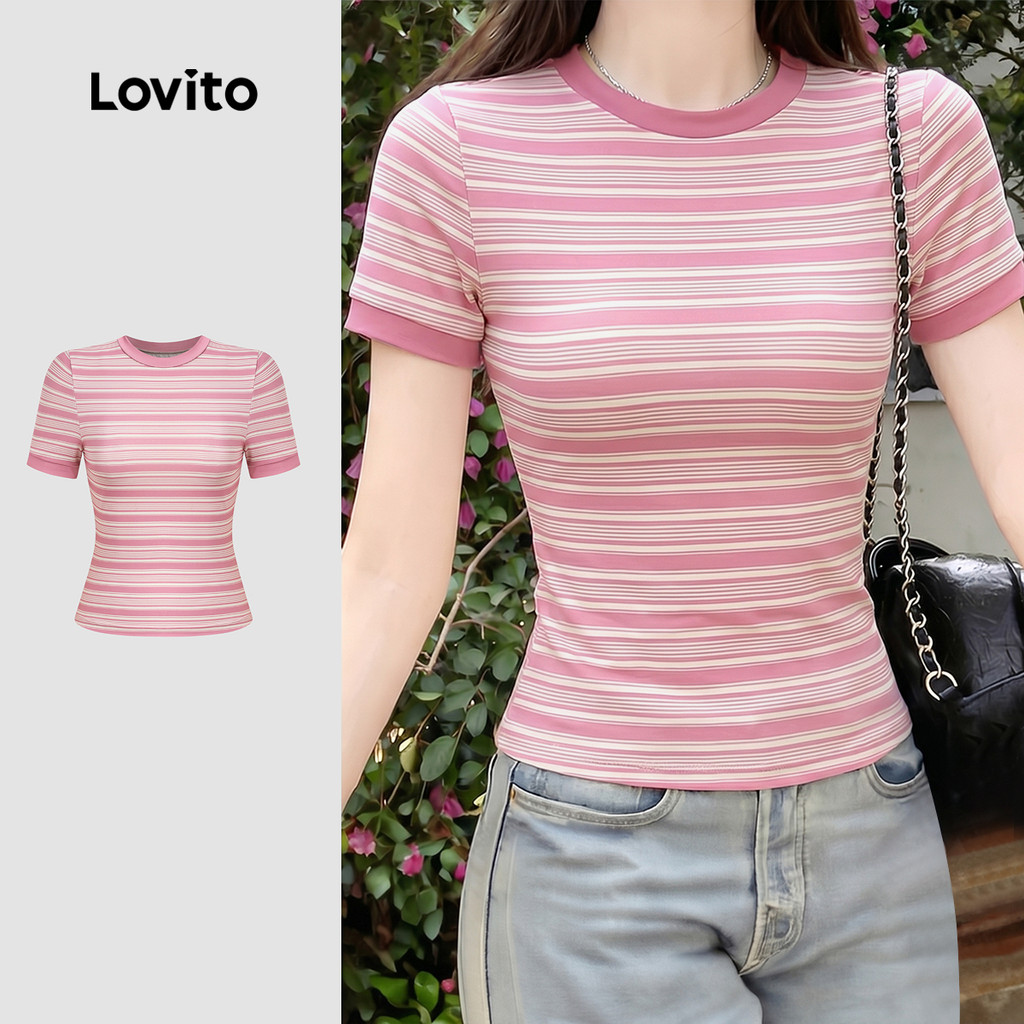 Lovito Listrada Camiseta Casual Colorida Estilo Versátil Primavera/verão Rosa Ca