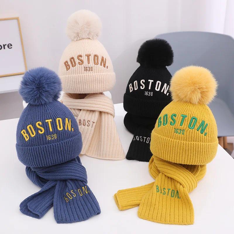 2-8 Years Kids Knit Hat Scarf Set Letter Embroidery Boy Girl Winter Thick Warm Pullover Hat