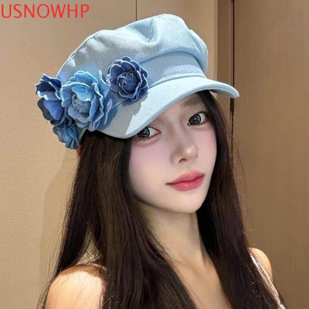 Chapéu De Boina De Camélia Jeans USNOWHP , Artístico Elegante Com Flores Planas , Bonés De Pintor Respiráveis Requintado