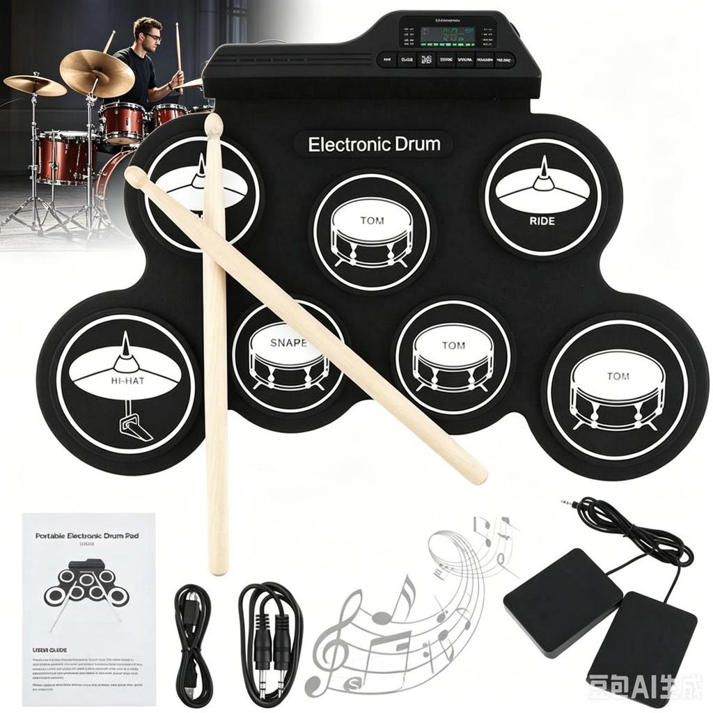 Bateria Eletrônica de Silicone Recarregável USB Portátil 7 Almofadas Para Crianças Iniciantes