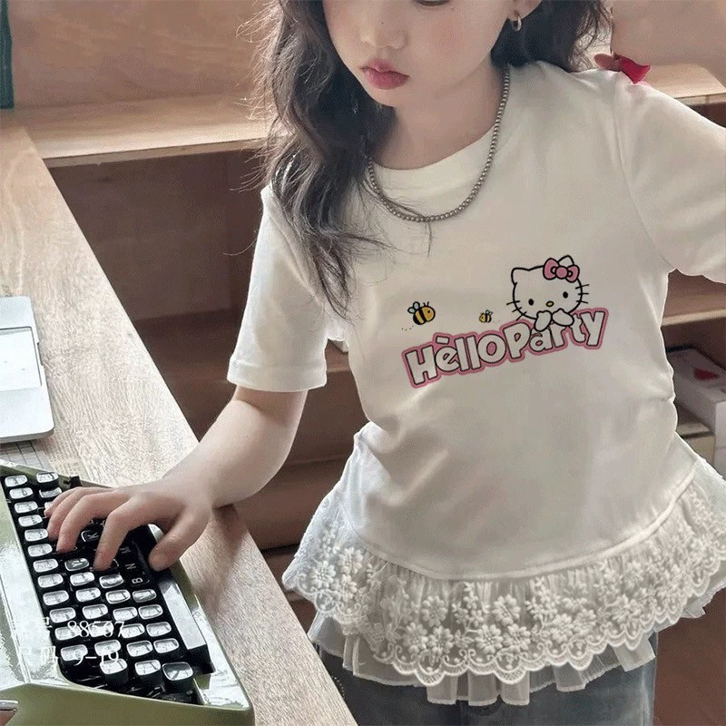 Kitty kitty médio grande crianças de manga curta puro algodão branco renda guarnição Design impresso camiseta de algodão