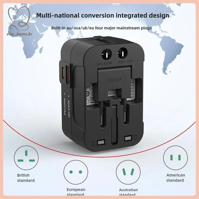 [elva_burns.br] Adaptador De Viagem Ue Eua Reino Unido AU Carregador De Energia Ca Conector Com Porta USB TypeC