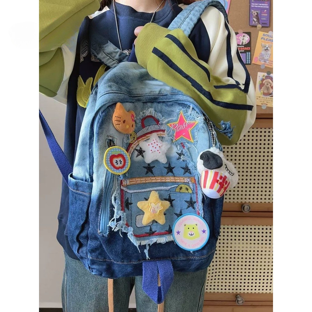 Mochila jeans americana retrô com remendo de estrela, bolsa escolar de estudante em cor gradiente com costura de d