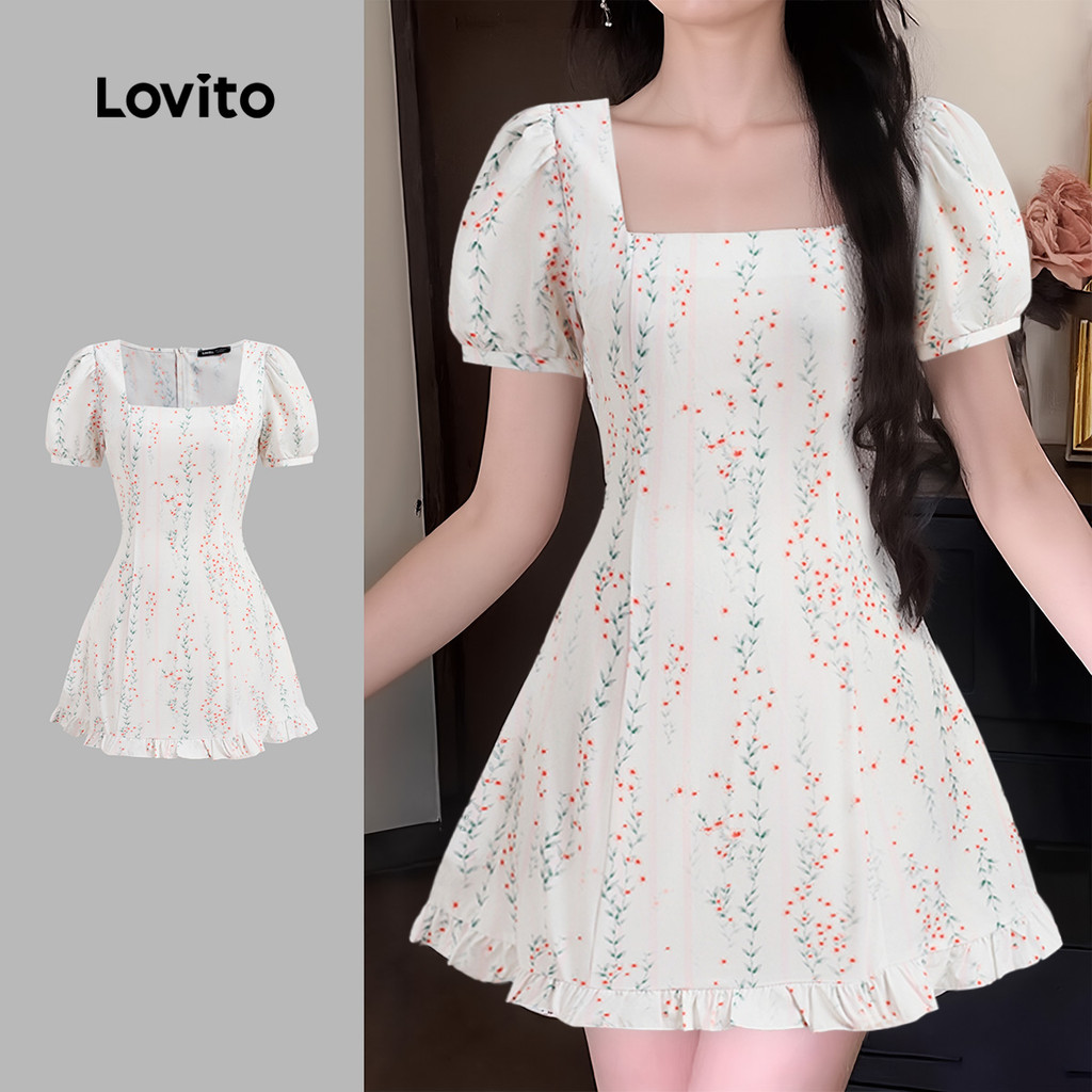 Lovito Padrão Fofo de Vestido com Babados e Textura de Primavera/verão para mulheres LK5AD317