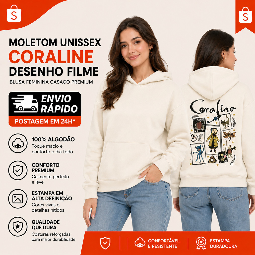 Moletom Unissex Coraline Desenho Filme Blusa Feminina Casaco Qualidade Premium