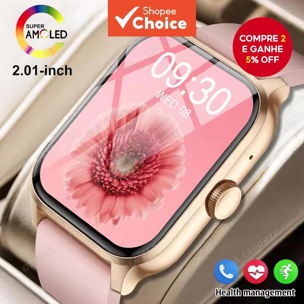 Relógio Inteligente Unissex 2.01 Tela AMOLED Bluetooth 5.3 Smartwatch Chamada Sem Fio Monitor Cardíaco Sono Pedômetro