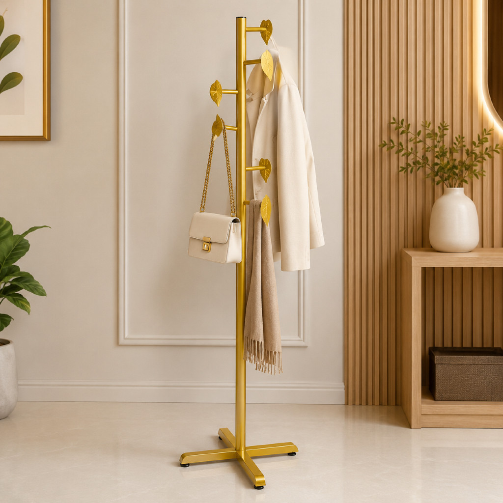 Cabideiro de Chão Leaf Luxo em Aço Carbono 6 Gancho | Mancebo Moderno para Roupas, Bolsas e Acessórios