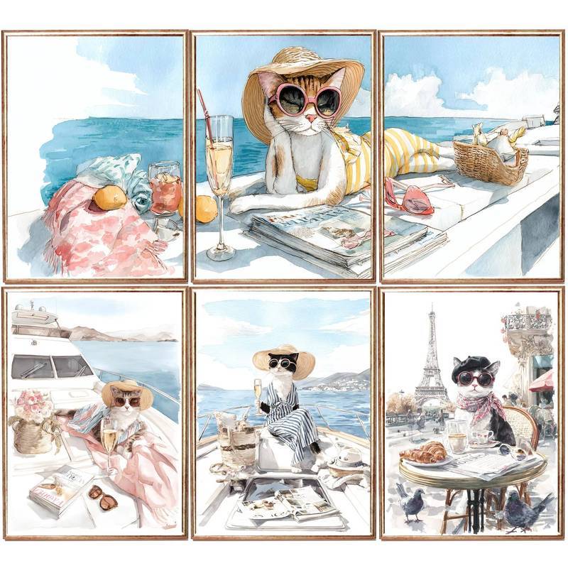 1pc frameless Modern Style Yacht Cat Art Cartoon Posters Prints Canvas Painting Wall Art Picture Living Room Home Decor