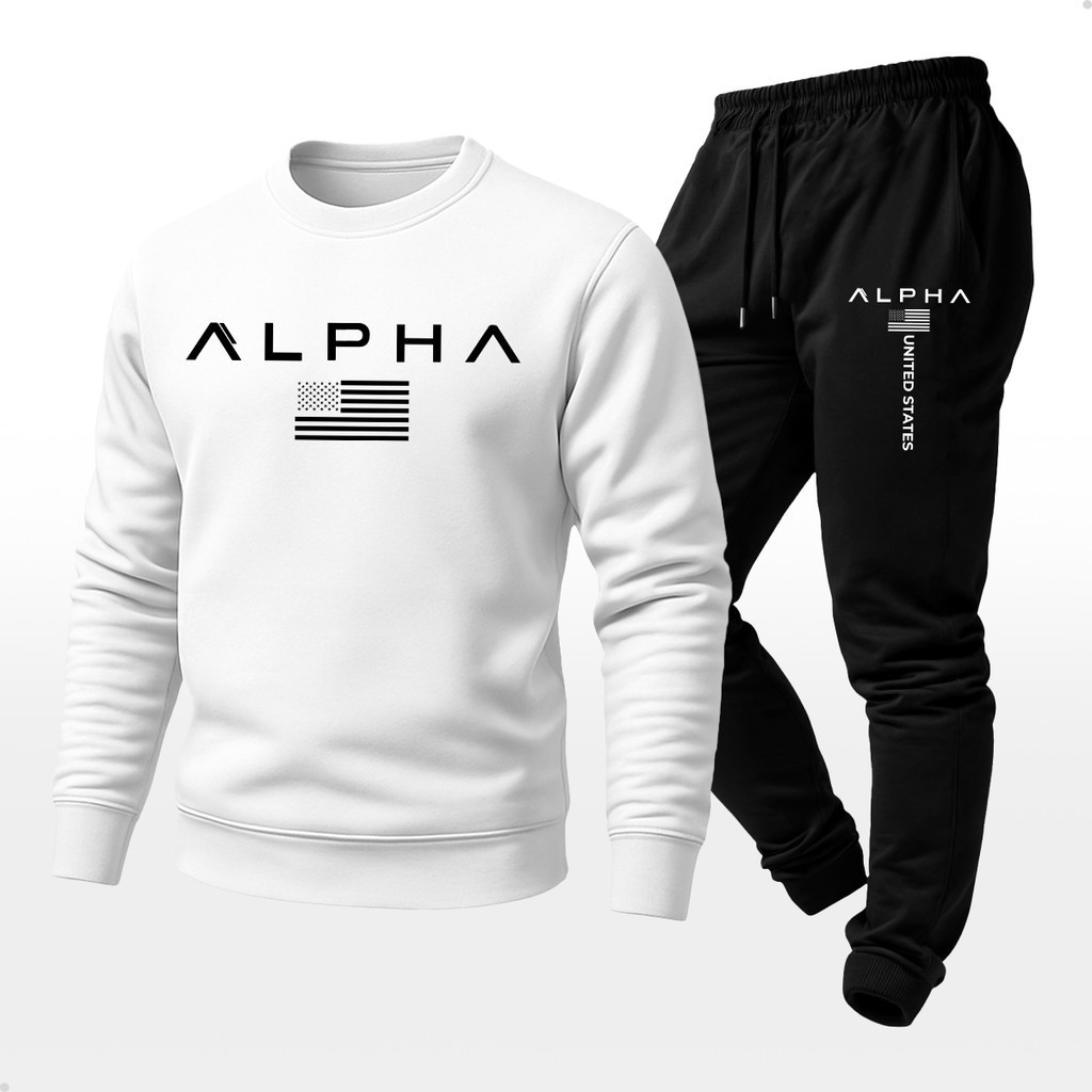 Conjunto Moletom Alpha USA Unissex | Calça e Blusa Gola Careca Flanelada | Masculino e Feminino.