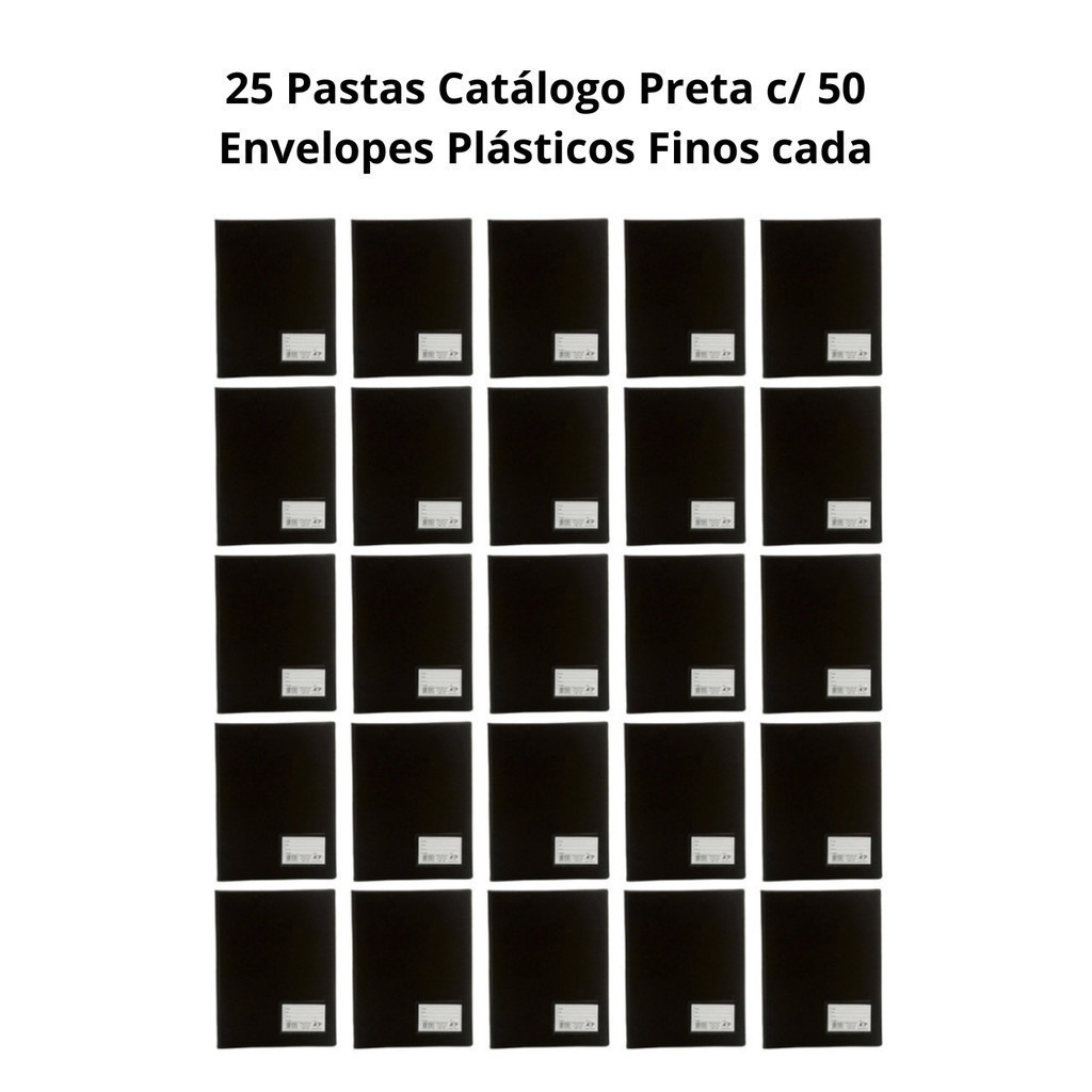 25 Pastas Catálogo c/ 50 Envelopes Plásticos Finos cada Preta - ACP - Tamanho A4