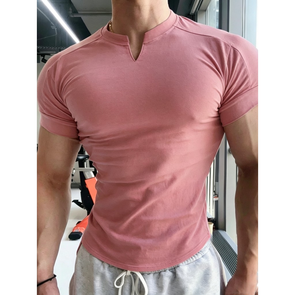 Músculo Fitness masculino esportes lazer com decote em V camiseta verão de manga curta correndo terno de treinamento em