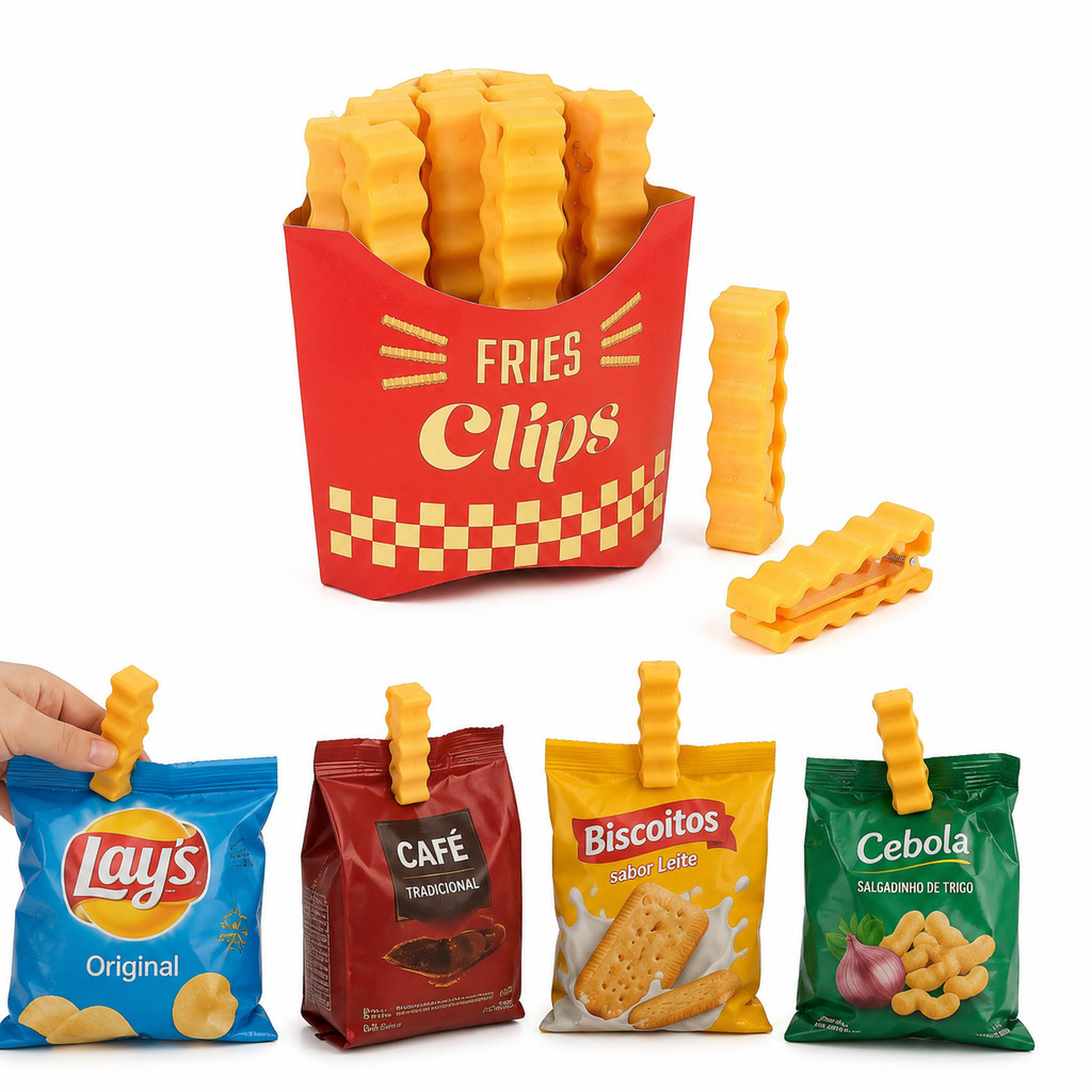 Kit 12 Prendedores de Embalagem com Suporte Formato Batata Frita Organizador de Cozinha Reutilizável