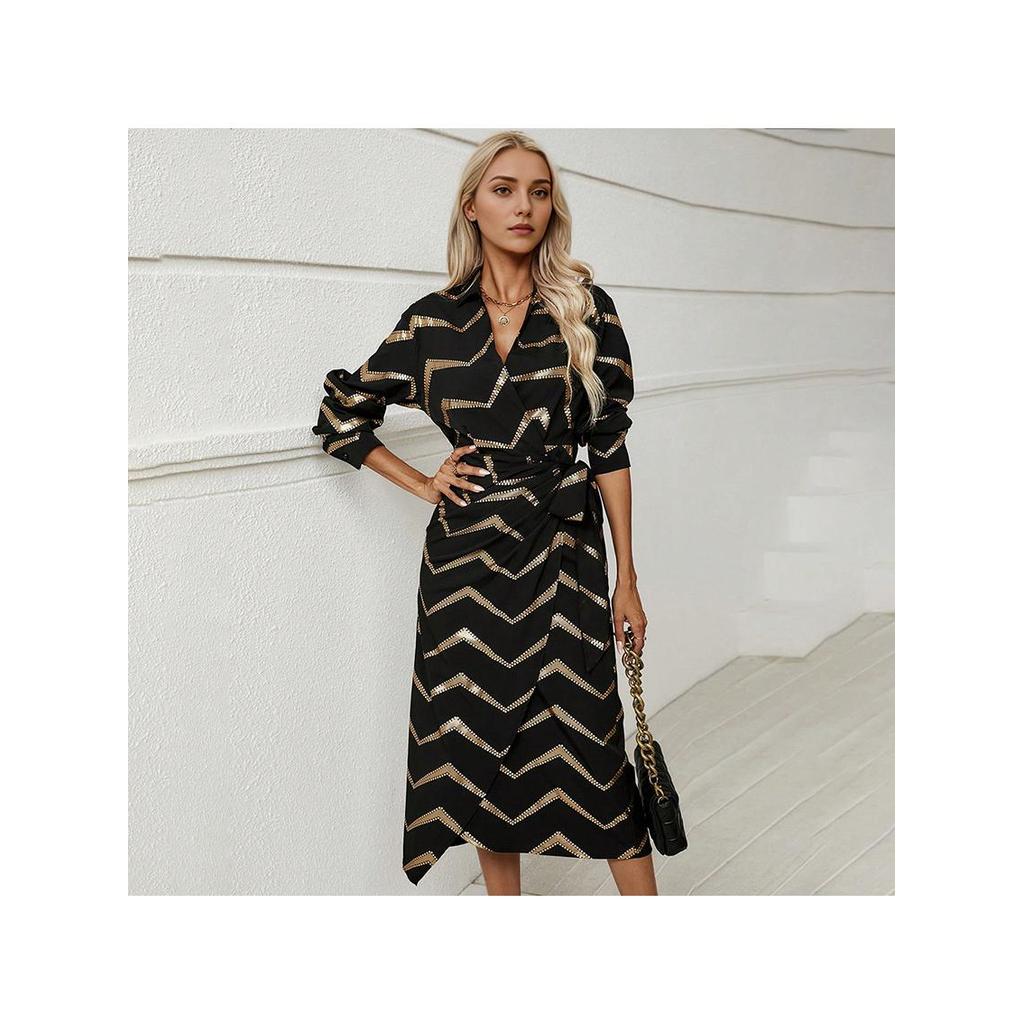 2024 Slim Gold Stamping Elegante Vestido de Manga Comprida Novo Estilo Slim-fit Venda Quente Saia Linha A Saia Longa Ves