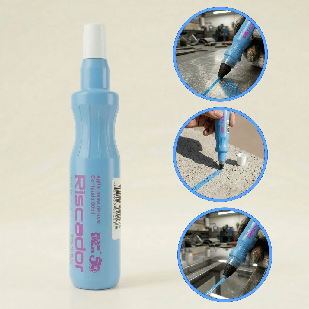 Kit 10 Marcador Riscador Caneta Industrial Azul 2mm 60ml Ferro Chapa Concreto
