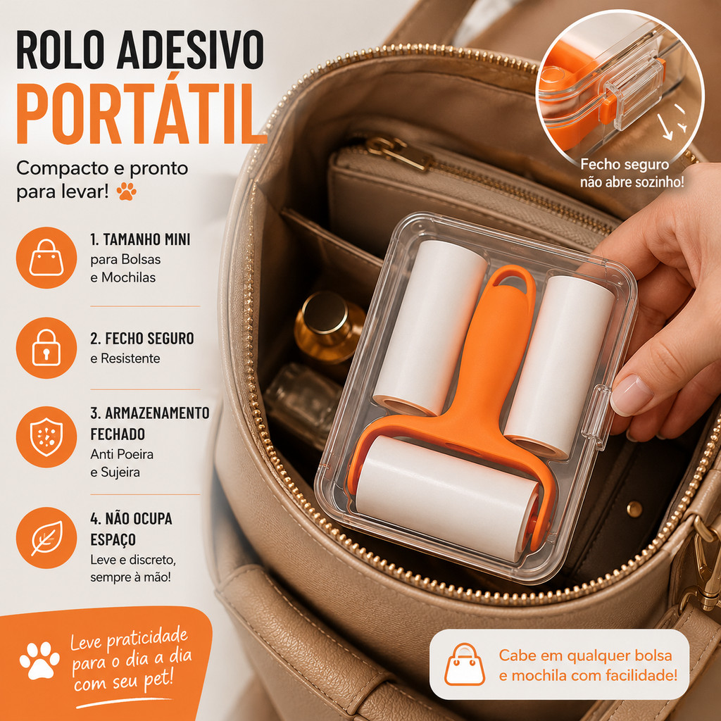 Rolo Tira Pelos Adesivo Portátil com 3 Refis para Roupas Sofá Tapete Estofados Remove Fiapos Cabelos e Pelos de Pets