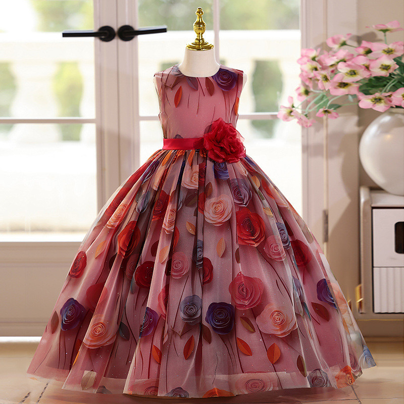 Vestido Princesa Infantil Floral Longo – Vestido de Festa Luxo com Rosas para Menina