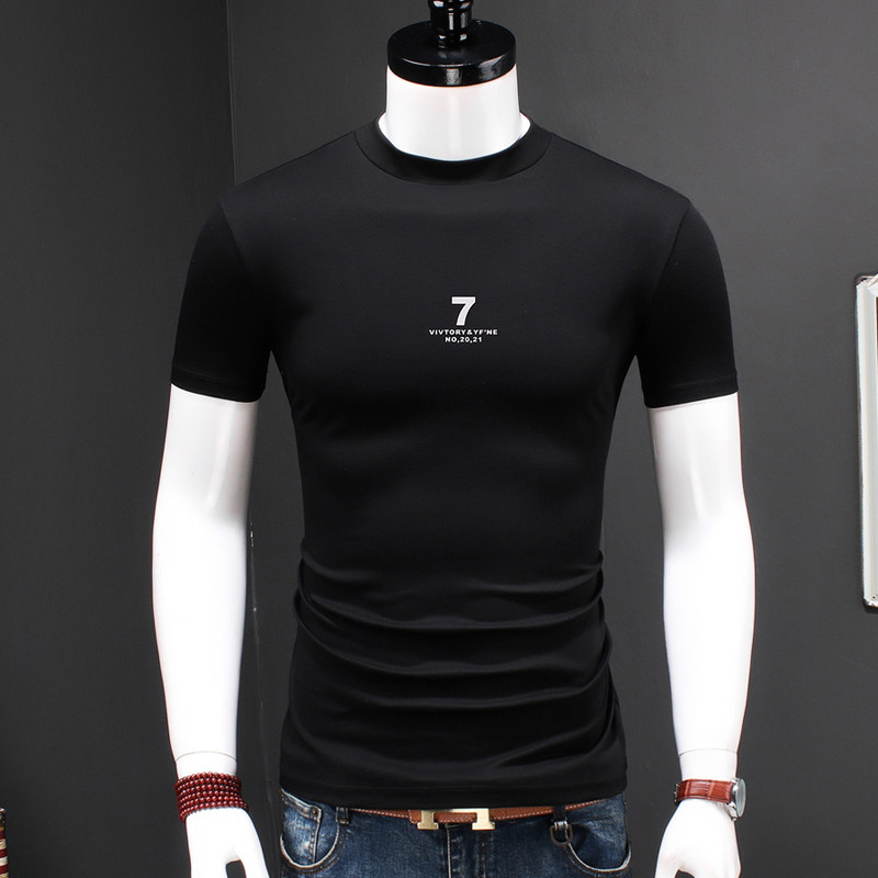 2025 primavera verão duplo mercerizado algodão de manga curta pequena gola alta camiseta masculina de seda gelo camisa d