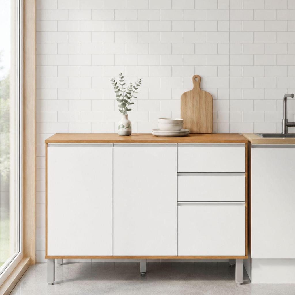 Balcão De Cozinha 119cm 3 Pts 2 Gav Nina Amêndoa/Branco