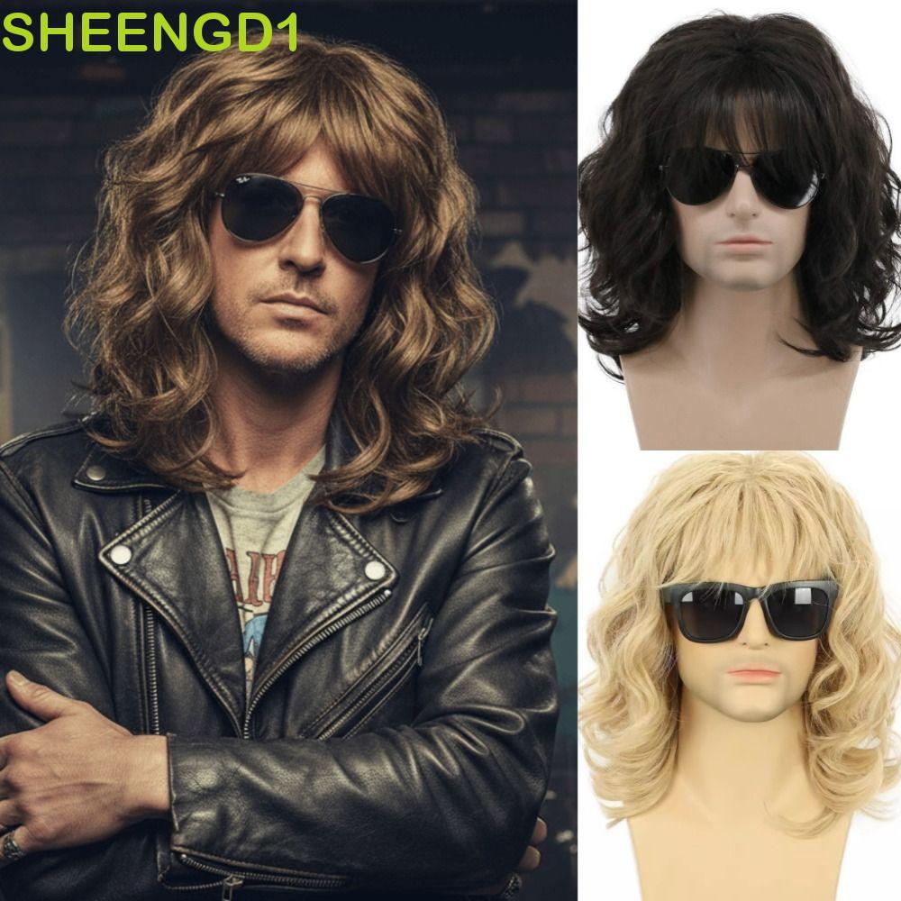 SHEENGD1 Perucas Onduladas Masculinas , Sintéticas Hippie De Comprimento Médio Para Cosplay Homens , Cabelo Castanho Lon