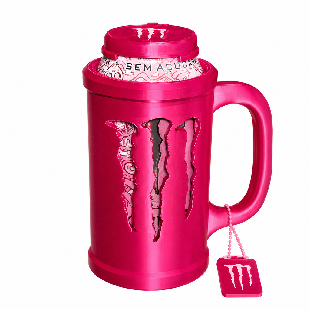 Caneca Para Lata Energético Monster + Tampa + Abridor De Latas - Rosa Pink