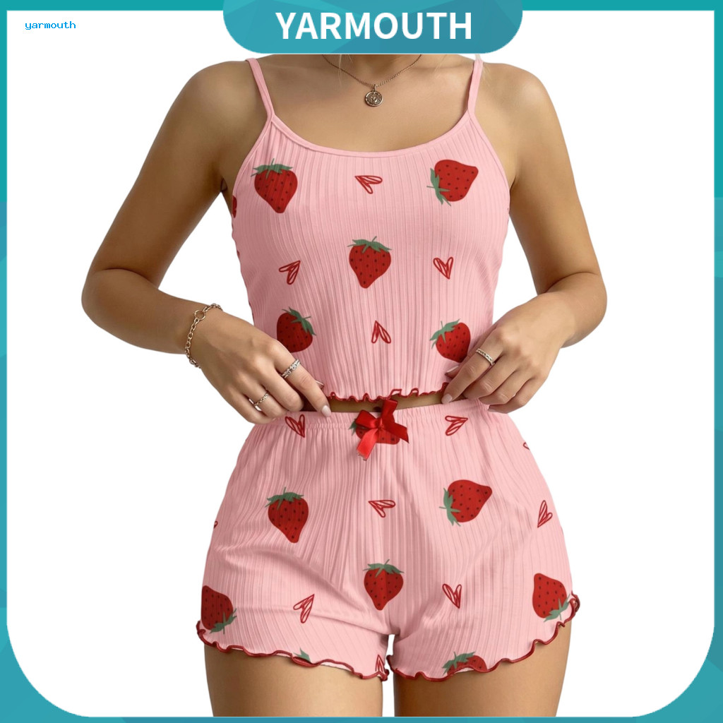 Strawberry Print Pajamas Lounge Outfit 2pcs Women’s Ribbed Pajama Set – Crop Cami Top Adjustable Strap Shorts Breath