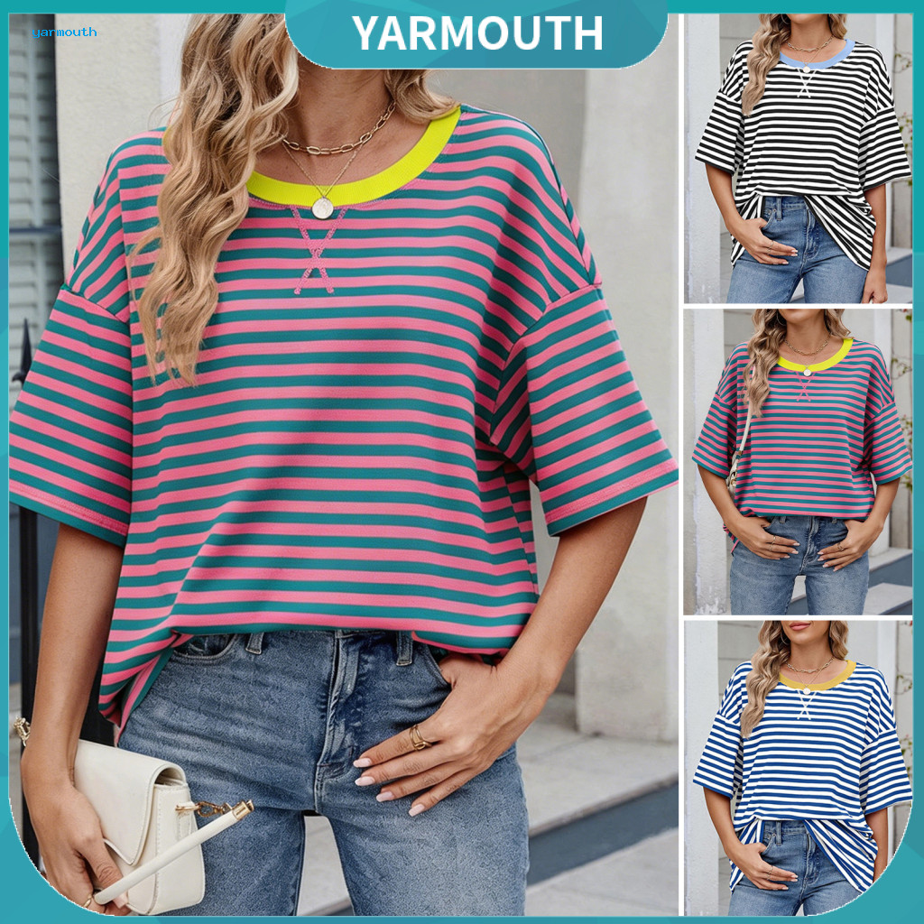 Round Neck T-shirt Breathable Summer Tee Women’s Loose Fit Striped Short Sleeve Elastic Pullover Top Comfortable Blous