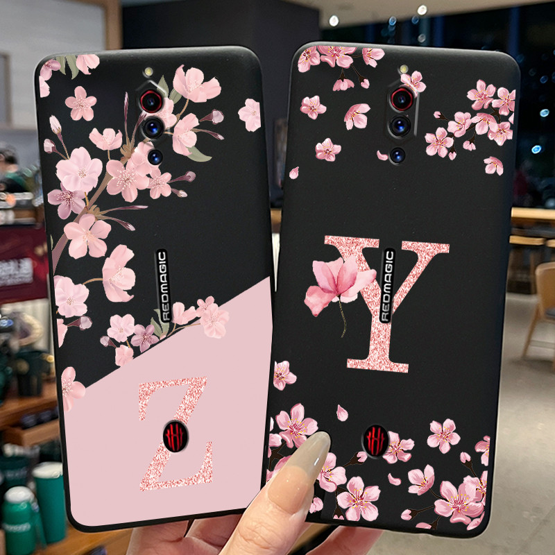 Capa Preta Para ZTE Nubia RedMagic 5G/Red Magic 5S Linda Flor Impressão Letras Iniciais Caixa Do Telefone Silicone Macio