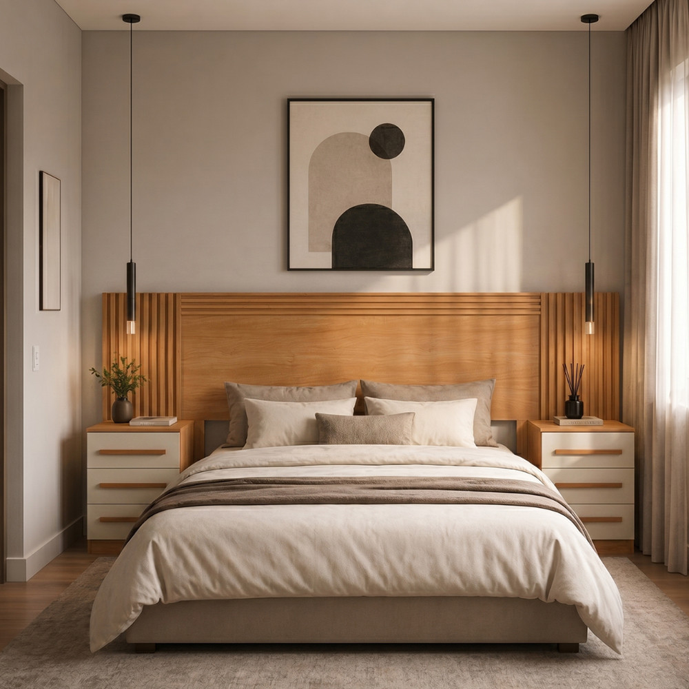 Cabeceira Extensível Casal Queen Painel Ripado Com 2 Mesas De Cabeceira Gênova