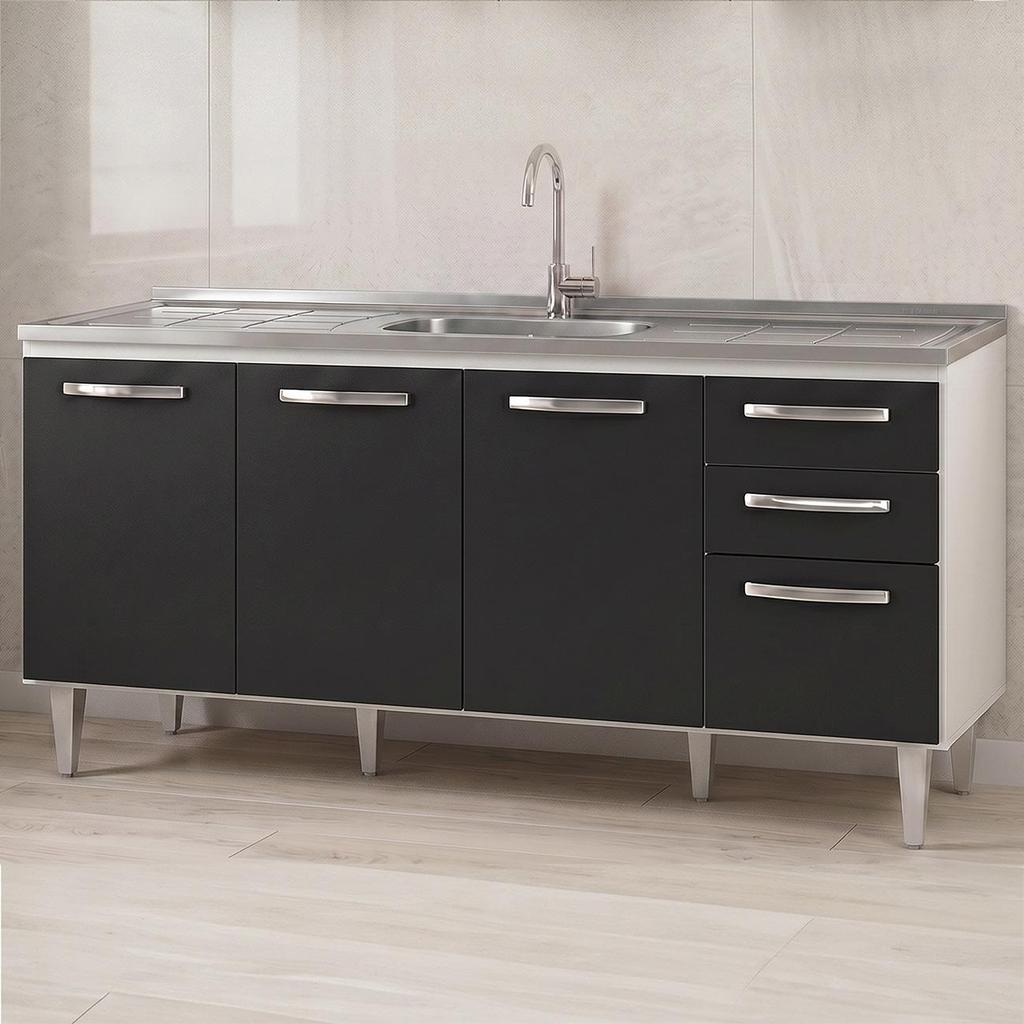 Balcão Gabinete Áustria com Pia Inox 160cm 4 Portas Branco/Preto - Lumil Móveis