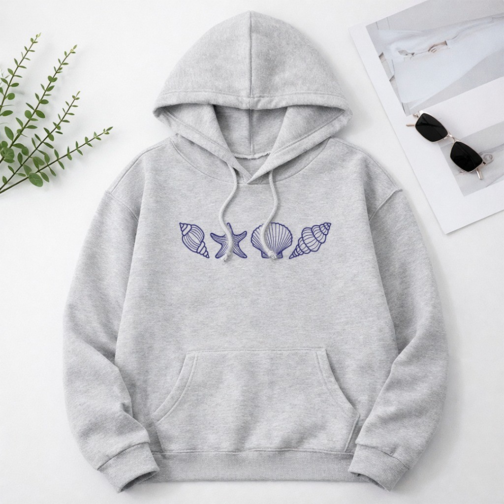Moletom Estilo Praia Blusa de Frio Com Conchas Azul Oceano Casual Streetwear Inverno Moda Pinterest Unissex