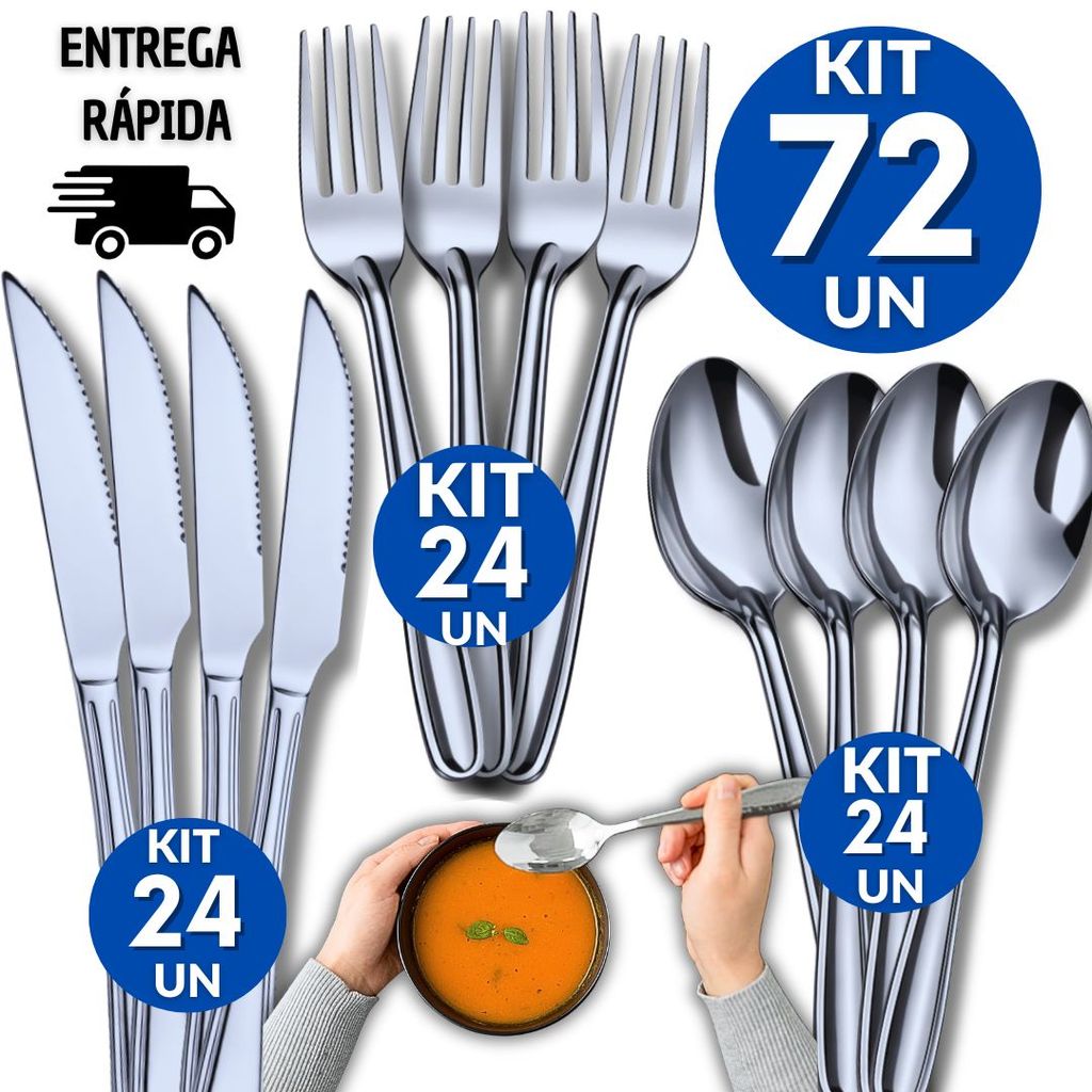Jogo 72 Talheres Inox 24 Faca 24 Garfo 24 Colher Cozinha Restaurante Buffet Casa Resistência Qualidade Utilidades Junina